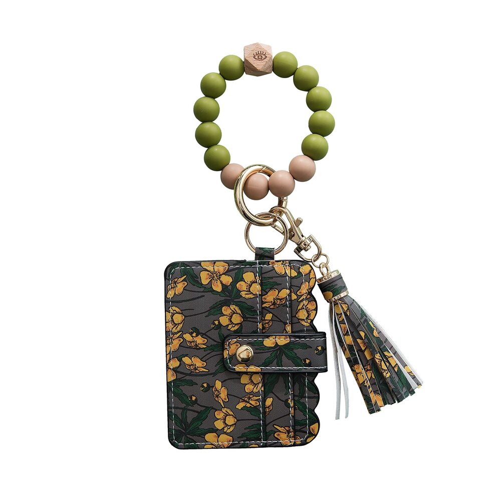 5926 Silicone Wood Beaded Tassel Bracelet Wristlet Bangle Keychain Key Ring
